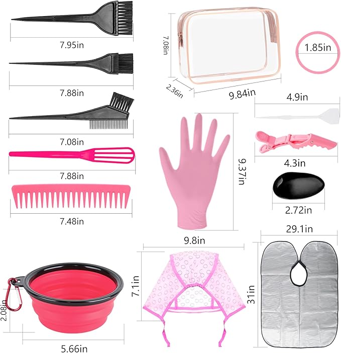 32 Pcs Hair Dye Coloring Kit,Hair Dye Tools for DIY Salon.Hair Dye Brush and Bowl Set/Highlighting Frosting Cap with Plastic Hooks/Dye Brush/Ear Cover/Gloves/Comb/Hairpin/Hair Coloring Cape(Pink)