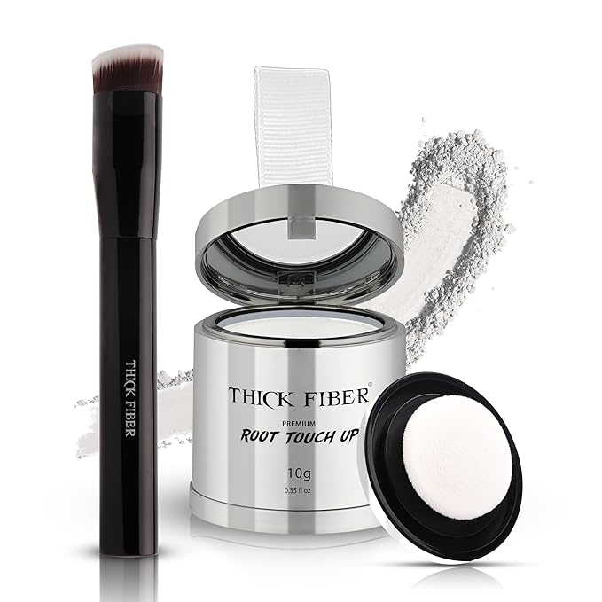 THICK FIBER Root Touch Up Powder with Brush – Covers Grey Roots, Thinning Hair & Bald Spots – Sweat & Water Resistant for Men & Women (white, 0.35 Ounce (Pack of 1))