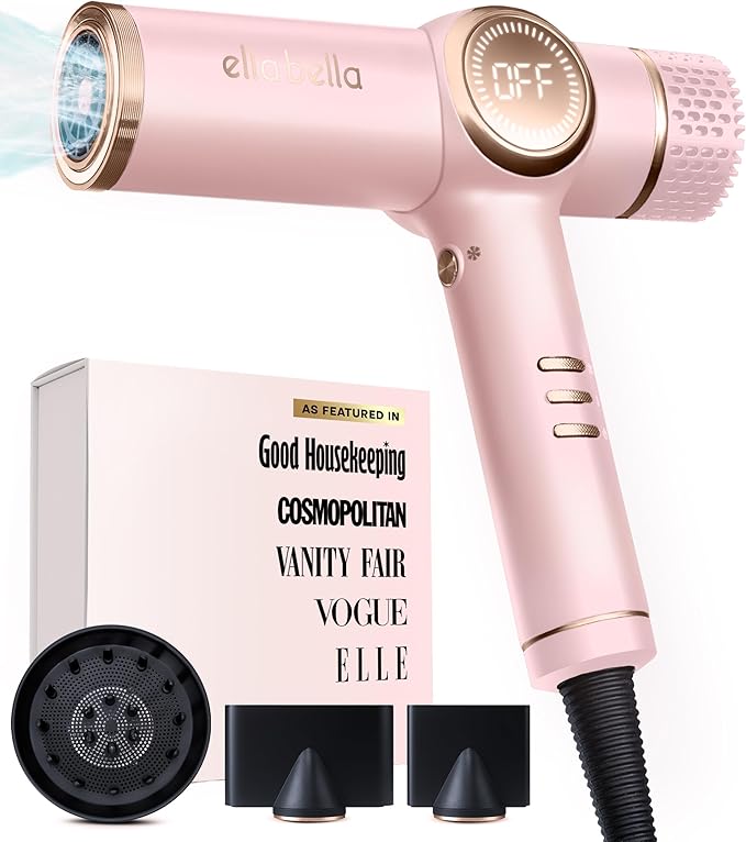 ELLA BELLA® Professional Ionic Hair Dryer with Diffuser • Negative Ion Blow Dryer • Suitable All Hair Types • Intelligent Heat Control & Rapid Drying Speeds • Lightweight Design • Low Noise Technology