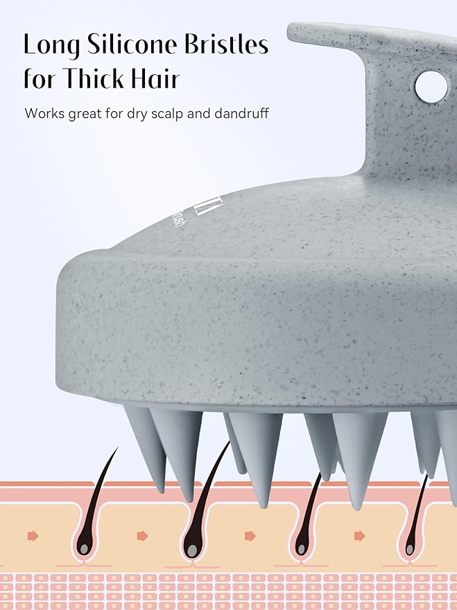 HEETA Scalp Massager Hair Growth, Soft Silicone Scalp Scrubber Shampoo Brush for Exfoliation, Dandruff Removal & Head Massage Stress Relax, Wet & Dry Use for Thick, Thin Hair Care, Wheat Straw Grey