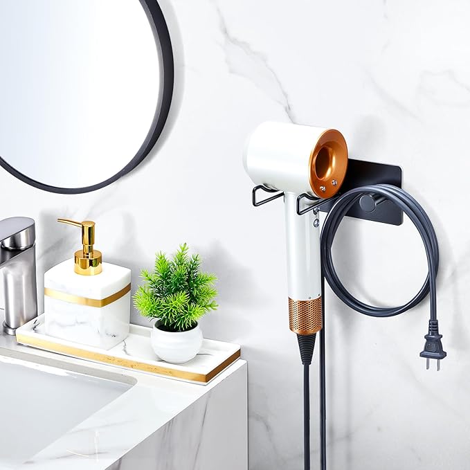 Hair Dryer Holder Wall Mounted, Universal Blow Dryer Holder, Hairdryer Storage Hanger with Plug&Cord Hook, Adhesive Hair Tool Organizer for Bathroom, Black