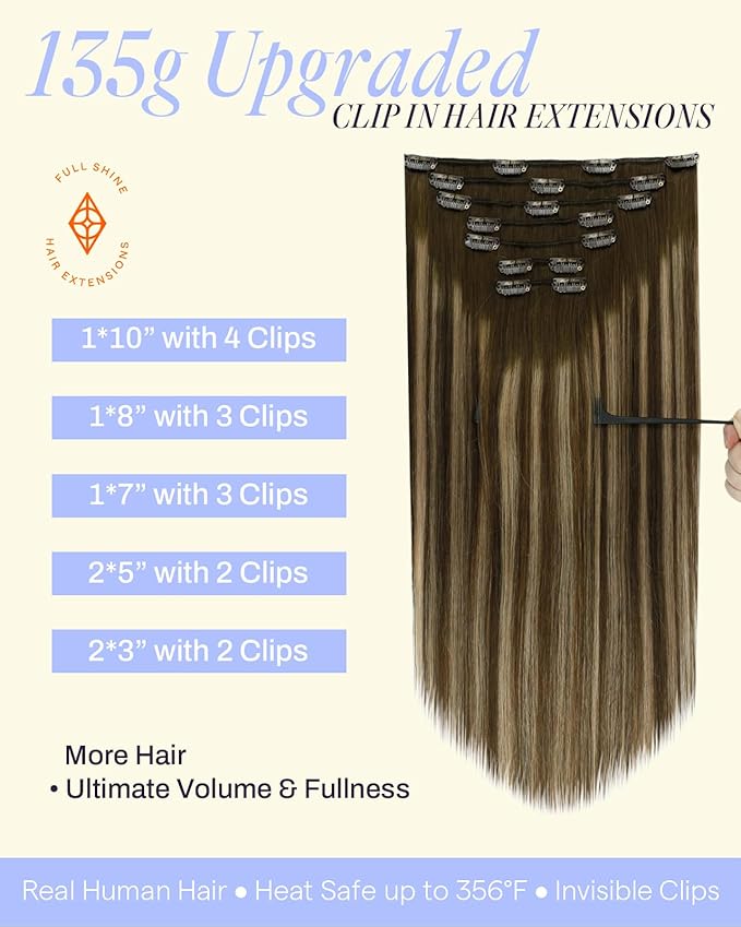Full Shine Human Hair Clip in Extensions Brown Hair Extensions Clip ins 18 Inch 135 G Medium Brown Balayage Honey Blonde Invisible Hair Extensions for Women 7 Pcs