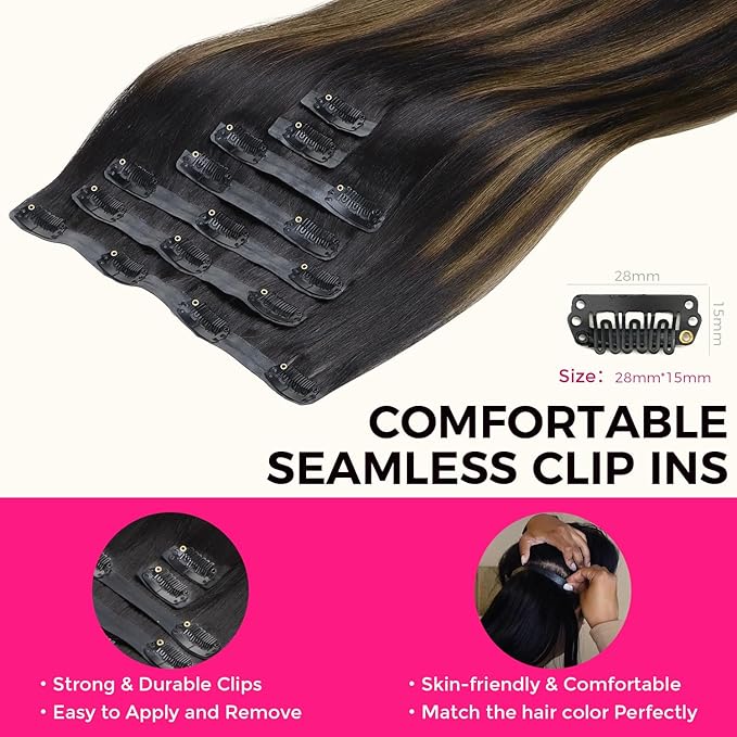 Lashey Seamless Clip in Hair Extensions Human Hair Light Yaki Natural Black Mixed Chestnut Brown 20 Inch 7pcs 110g Real Human Hair Clip ins for Black Women