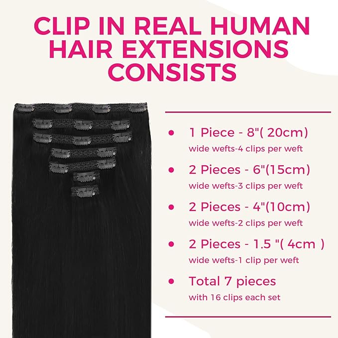 Lashey Hair Extensions Real Human Hair, 20 Inch Jet Black #1 Color 120g 7pcs, Straight Clip in Hair Extensions Real Human Hair Remy Long Hair Extensions Clip in Thick Hair for Black Women