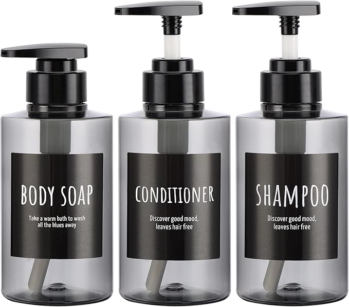 Empty Shampoo Bottles, Segbeauty 10.1oz Plastic Pump Dispenser Bottle, 3pcs 300ml Refillable Shampoo Pump Bottles for Shower, Grey Pump Bottles for Body Soap Shampoo Hair Conditioner Hotel Bathroom