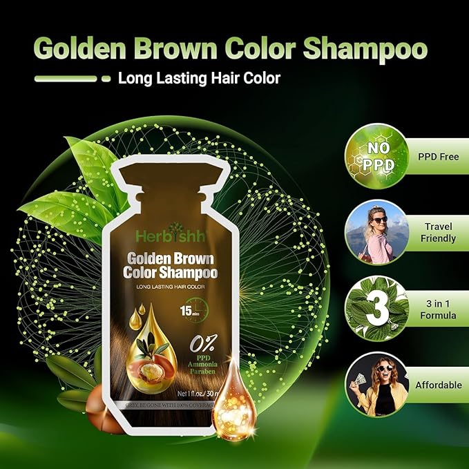 Golden Brown Hair Shampoo, Hair Color for Gray Coverage, 3 in 1 Hair Dye Shampoo - champu para tenir el cabello, Colors in Minutes, Easy to Use PPD Free Pouch 30mlx10p