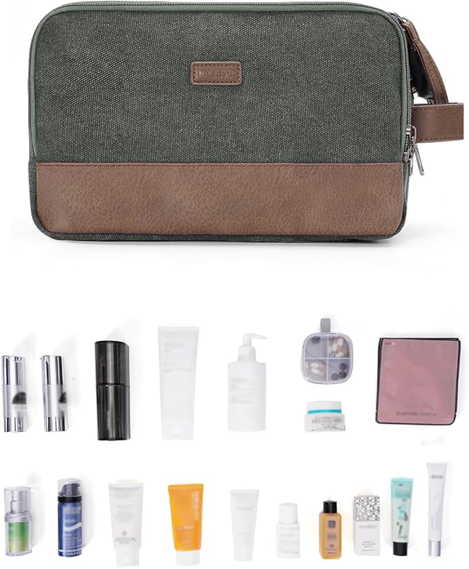WANDF Toiletry Bag for Men Travel Toiletry Organizer Canvas and Leather Dopp Kit Water-Resistant Shaving Bag for Travel Accessories (Green, Medium)