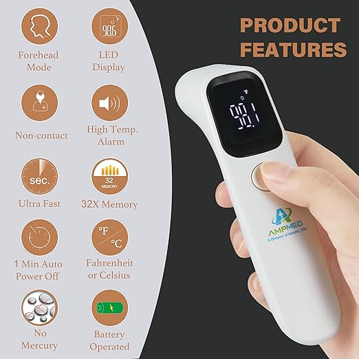 Amplim Forehead Thermometer | No-Touch, FDA-Cleared, Medical-Grade Infrared | 1-Second Read with Audible Fever Alert | Accurate Digital Infrared Thermometer for Adults, Kids, Baby
