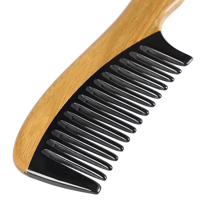 Onedor Handmade Green Sandalwood Buffalo Horn Wide Tooth Hair Combs - Anti-Static Scented Wooden Detangler Combs