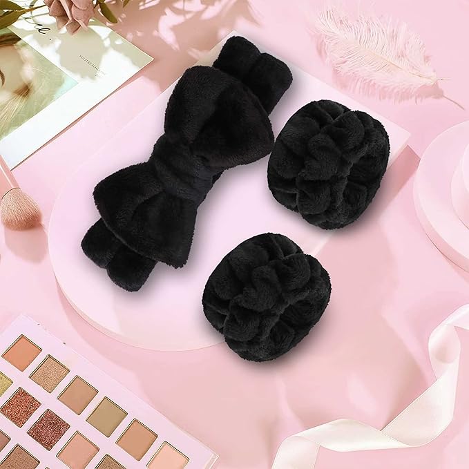 WSYUB Makeup Headbands, 1pcs Black Spa Headband Fluffy Bow Tie Headband Microfiber Face, and 2Pcs Wrist Spa Wash Band Absorbent Wristbands, for Washing Face Skin Care