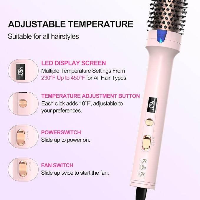 K&K 1.7 Inch Cool-AIR TECH Hair Styling Tool Bounce Brush, Heated Thermal Round Brush with Negative Ion Technology, Multiple Heat Settings for Blowout Look with Hair Care (Pink, 1.7 Inch)