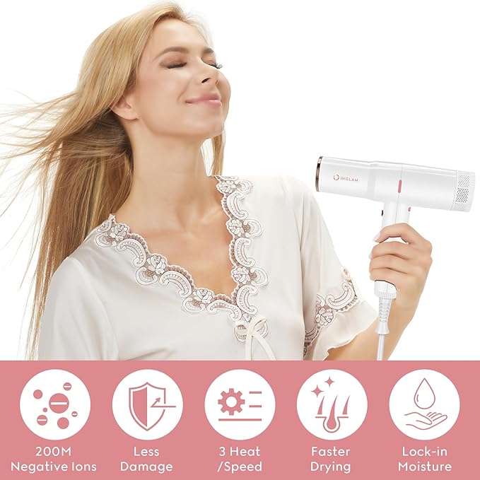 Hair Dryer, IG INGLAM Professional 110,000 RPM High Speed Blow Dryer, Negative Ion Low Noise 3 Heat Settings & 3 Speed & Cold Settings, Lightweight for Travel Home Salon Ionic Hair Dryer