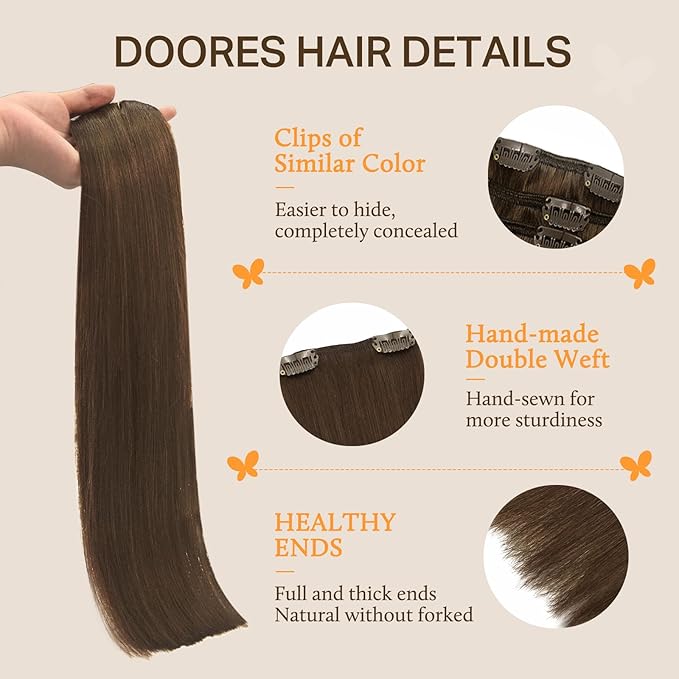 DOORES Human Hair Clip in Extensions, Chocolate Brown 135g 7pcs 16 Inch, Remy Human Hair Extensions Clip in Natural Silky Straight Weft