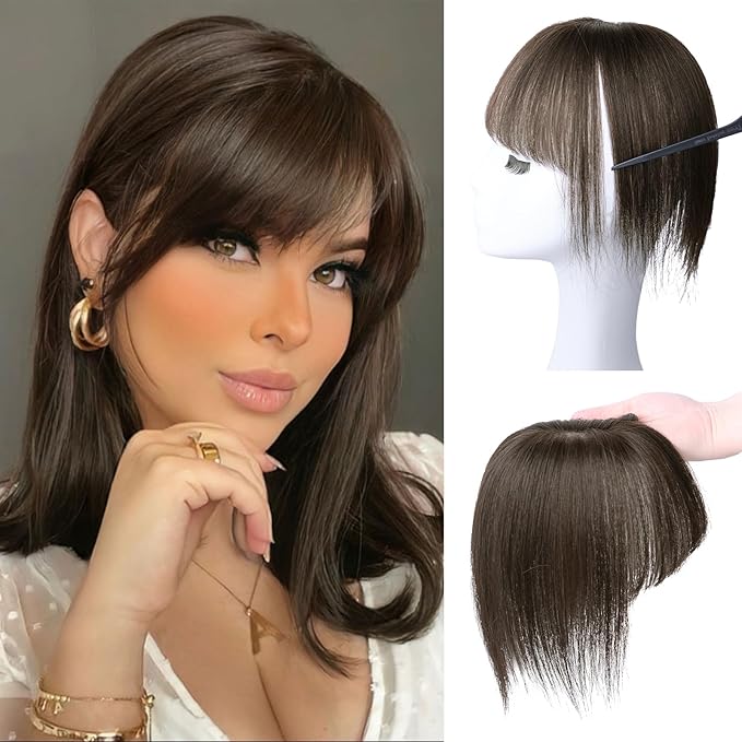VERNA Hair Toppers for Women Real Human Hair 360°3D Cover Clip in Bangs,100% Real Human Hair Dark Brown Hair pieces Clip on Bangs for Daily Wear(5 * 9.5)