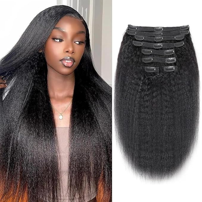 Kinky Straight Clip in Hair Extensions Real Human Hair 8Pcs Remy Human hair Clip ins for Women, Natural Human Hair 120g 20inch #1B Natural Black