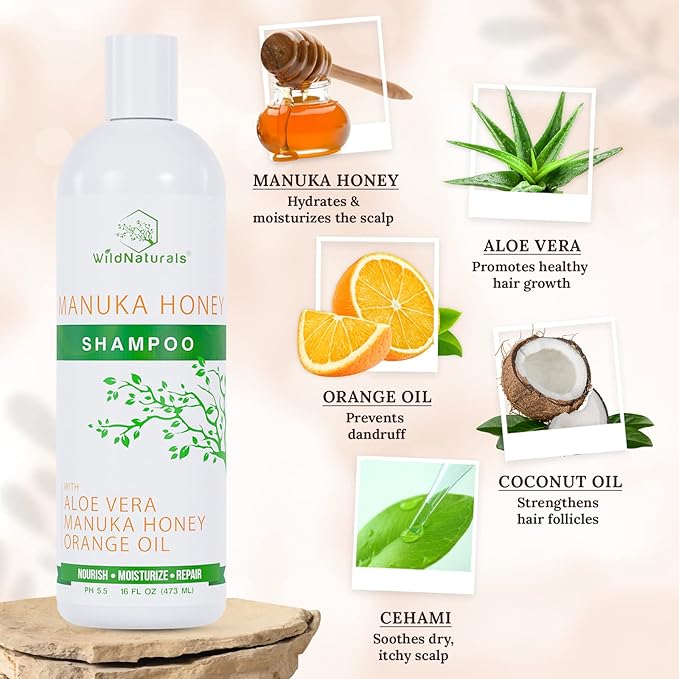 Eczema Manuka Honey Shampoo for Psoriasis and Dry, Itchy Scalp - Natural Hydrating Formula with Aloe Vera & Coconut Oil, Sulfate-Free