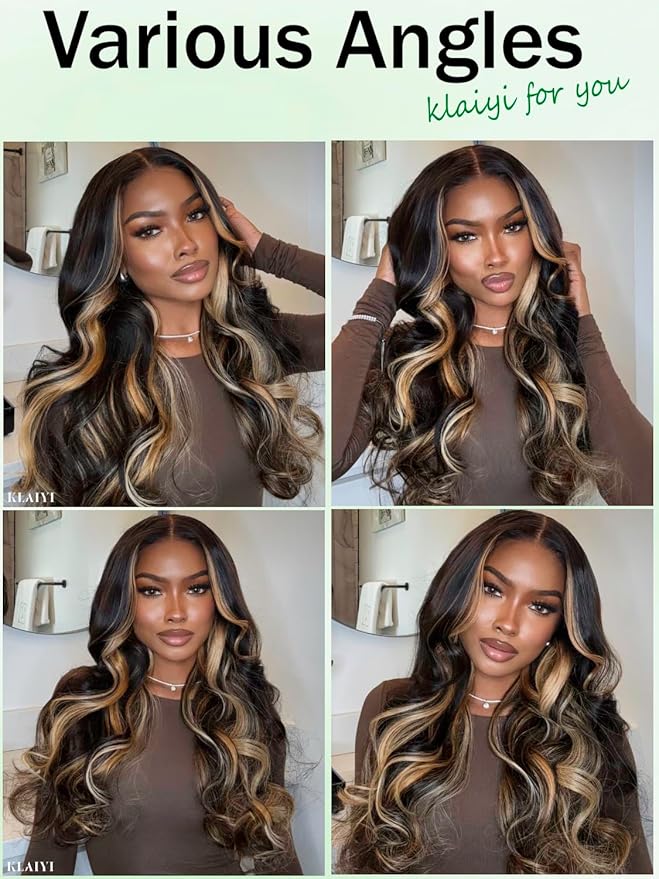 KLAIYI Ombre Highlight Blonde Loose Body Wave Bye Bye Knots Glueless Wigs Human Hair 7x5 Precut Lace Front Pre Plucked Bleached Ready to Wear Go Wig with Face Framing Curtain Bang Caramel Brown 16Inch