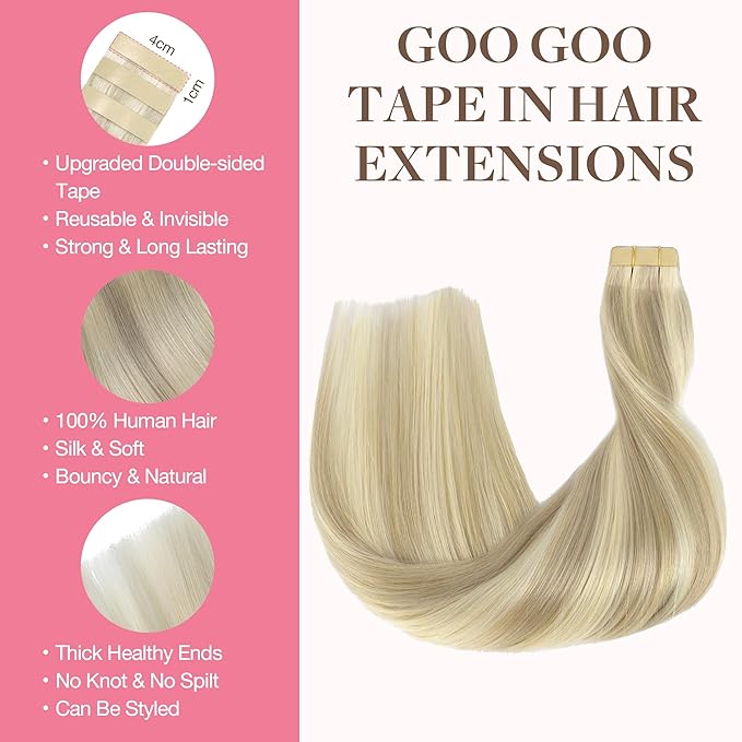 GOO GOO Tape in Hair Extensions Human Hair, 17A/60A Ash Blonde Highlighted Platinum Blonde, 12inch 80g 40pcs, Skin Weft Seamless Invisible, Silky Straight with Thick Ends, Remy Human Hair
