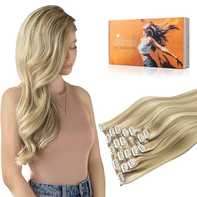 DOORES Clip in Hair Extensions Balayage Light Blonde Highlighted Golden Blonde Remy Human Hair Extensions Clip in Straight Thick 16 Inch 120g 7pcs Real Natural Hair Extensions