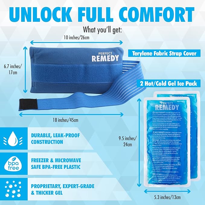Perfect Remedy 2-Pack Gel Ice Packs for Injuries with Strap Cover, Flexible Hot Cold Compress, Soothing Soft Ice Packs for aid in Injuries Conditions, Alternative to Hot Water Bottles (Blue, Regular)