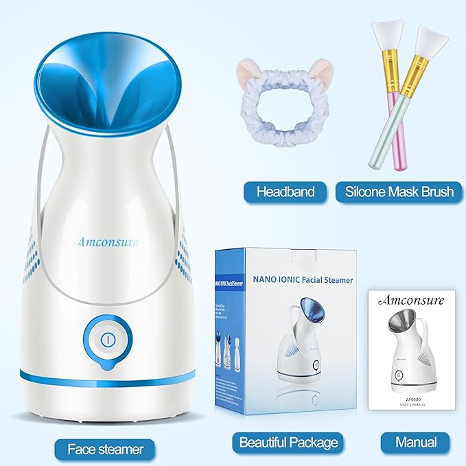 Amconsure Facial Steamer - Nano Ionic Face Steamer Warm Mist Steamer for Home Sauna SPA, Humidifier for Deep Cleaning Unclogs Pores Sinuses(Blue)