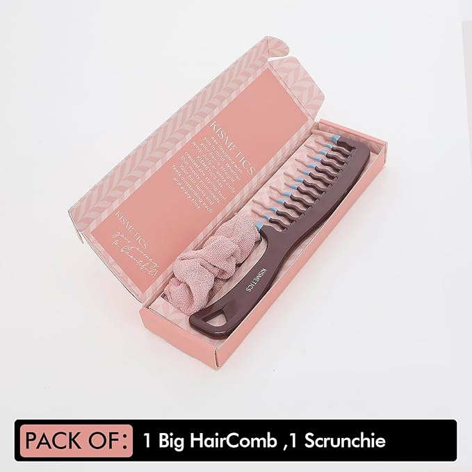 Big Hair Tools Extra Large Wide Tooth Comb for Thick, Curly, Wavy or Long Hair - Frizz-Free Detangling Shower Comb - Big Hair Comb and Microfiber Scrunchie