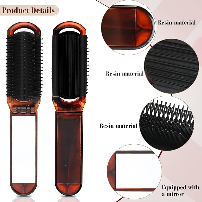 Nuenen 4 Pcs Folding Hair Brush with Mirror Portable Mini Hair Brush Small Compact Pocket Comb for Family Travel Car Gym Wig Bag Purse Gift Women(Tortoiseshell)