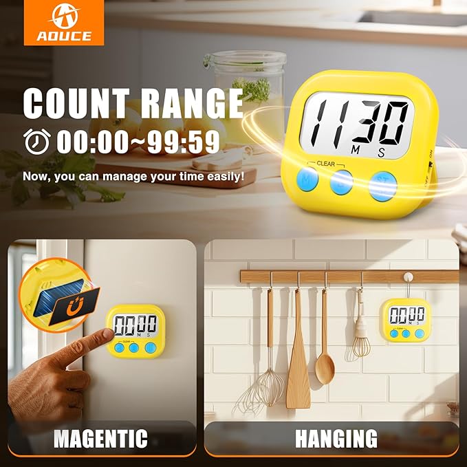 2 Pack Digital Kitchen Timer for Cooking Big Digits Loud Alarm Magnetic Backing Stand Cooking Timers for Baking Yellow