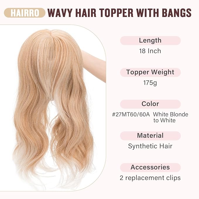 Hairro 18 Inch Long Hair Toppers Wavy with Side Bangs for Women, Clips In Synthetic Hairpieces Capless, for Adding Volume/Birthday/Party/Halloween/Cosplay Dress Up, White Blonde to White