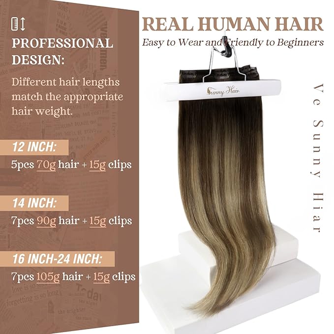 Ve Sunny Human Hair Clip in Extensions Black Clip in Hair Extensions Black Ombre Brown with Blonde Extensions for Women Real Hair Thick End 16Inch 120g