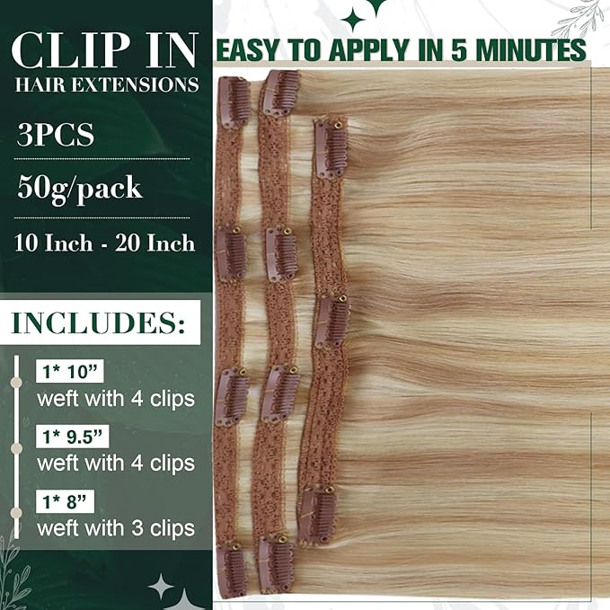 RUNATURE Clip in Hair Extensions Real Human Hair, Blonde Human Hair Clip in Extensions, Remy Straight Real Hair, Long Lasting, 14 Inch 50g 3pcs #18P60 Ash Blonde Highlights