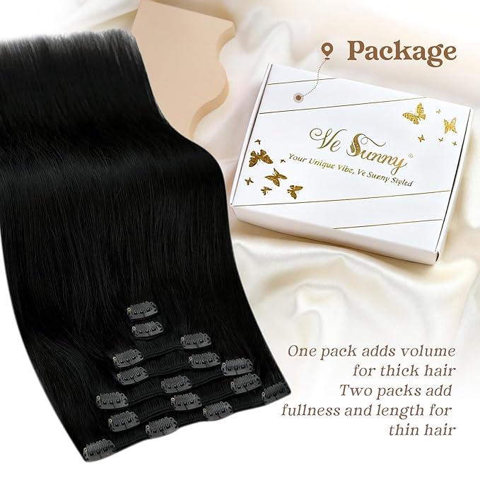 Ve Sunny Clip in Hair Extensions Real Human Hair, Black Clip in Hair Extensions Remy Hair Extensions Clip ins for Women 22inch 120g 7Pcs