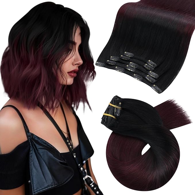 Moresoo Wine Red Hair Extensions Real Human Hair Clip ins Ombre Black to Burgundy Clip in Human Hair Extensions Short Balayage Black to Dark Red Double Weft for Women Straight 80g/5pcs 12 inch