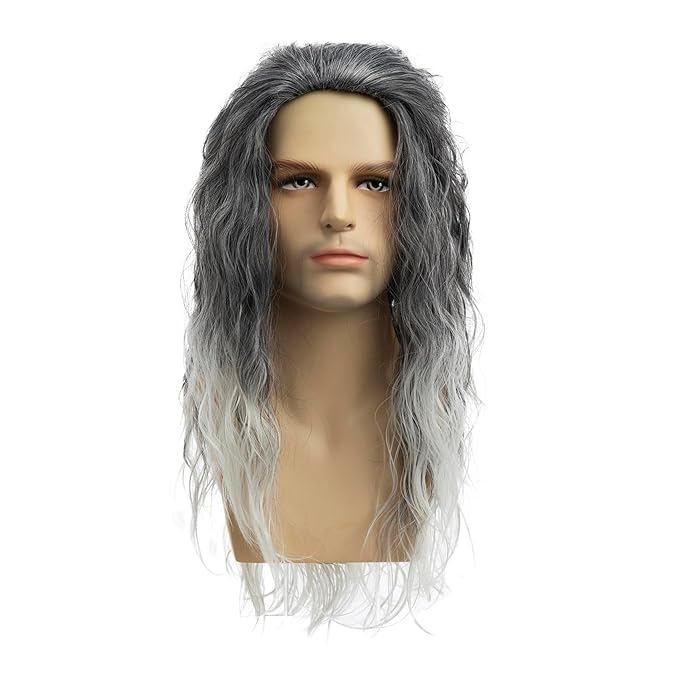 Baruisi Long Curly Wavy Grey Wigs for Men Synthetic Natural Party Halloween Cosplay Hair Wig