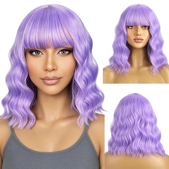 BERON 14 Inches Purple Wig Short Curly Wig Women Synthetic Wigs Lavender Purple Wigs with Bangs Hairnet Included