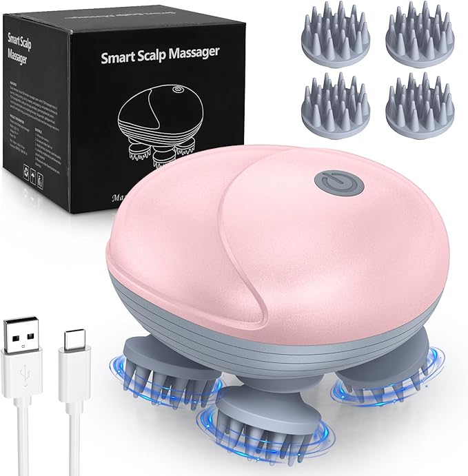 Upgraded Handheld Cat Massager Dog, Electric Pet Massager for Christmas Gifts, with 4 Massage Heads, Cat Head and Back Scratcher for Relieving Tight Stiffness Muscles, Promote Bonding (Pink)