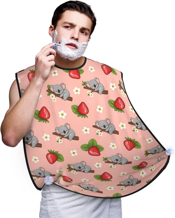 Beard Trimming Hair Catcher, Cartoon Koala Bear Strawberry Flower Leaf Light Pink Shave Bib, Non-Stick Bib Apron Waterproof, Shaving Tool for Men for Husband Father’s Day
