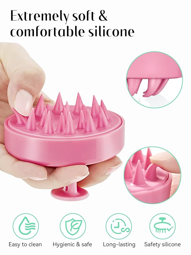 HEETA Scalp Massager Hair Growth, Soft Silicone Scalp Scrubber Shampoo Brush for Exfoliation, Dandruff Removal Head Massage Stress Relax, Wet & Dry Use for Thick Thin Curly Hair Care, Cherry Pink