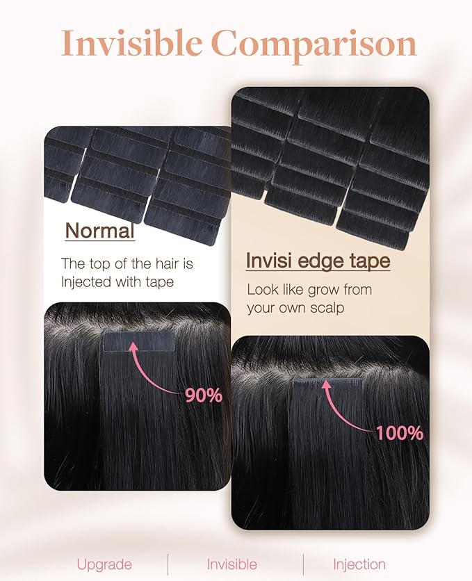 GOO GOO Invisi Edge Tape in Hair Extensions Human Hair, 1 Jet black, 10pcs 22inch 30g, Virgin Remy Hair, Seamless Injected Tape, Natural Look