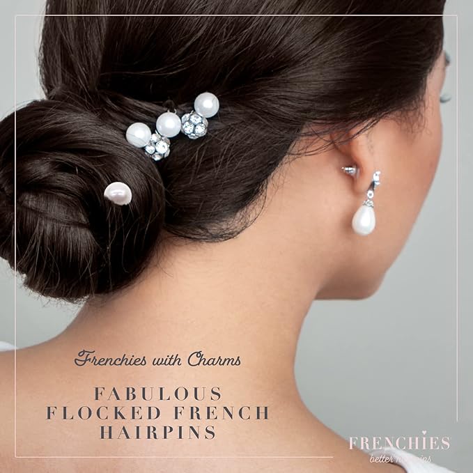 Frenchies French Twist Hair Pin, Velvet Coated Extra Soft French Hair Pins for Women, Wedding, Updo Extensions, or Wig, 6 Pearls + 6 Crystals, 20 Count (10 Lrg, 10 Sm), Brown