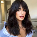 Black Wig with Bangs,Black Wavy Wigs for Women,Shoulder Length Curly Synthetic Hair Wig for Party Daily Use 18IN…