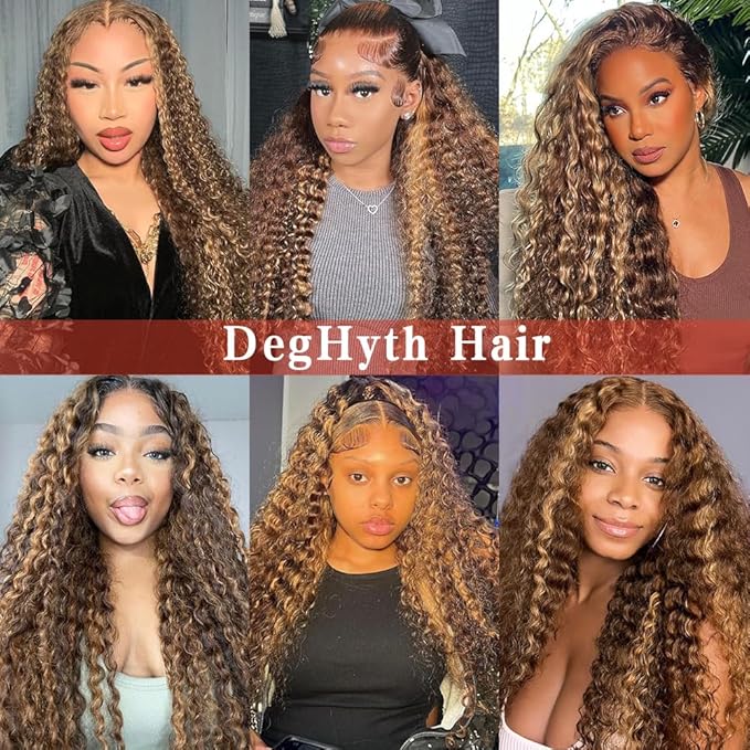 Highlight Ombre 13x6 Lace Front Wig Human Hair Deep Wave Honey Blonde Glueless HD Transparent Lace Frontal Wigs for Women 180 Density Human Hair (highlight ombre deep wave, 24 inch)