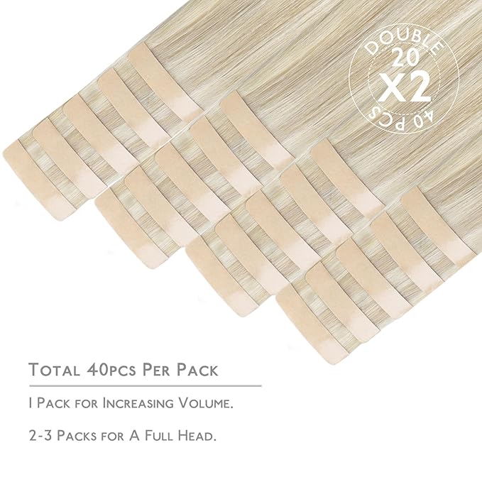 WENNALIFE Tape in Hair Extensions Human Hair, 40pcs 100g 20 inch Ash Blonde Highlighted Platinum Blonde Hair Extensions Real Human Natural Hair Straight Tape in Invisible Extensions