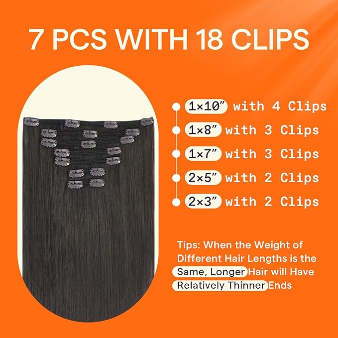 Full Shine Black Hair Extensions Natural Black Tea Real Hair Extensions Clip in Human Hair Clip ins for Women 18 Inch 120 G 7 Pcs
