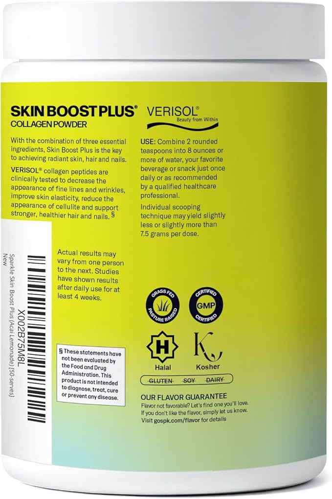 Sparkle Wellness VERISOL Bioactive Hydrolyzed Collagen Peptides | Collagen Powder with Vitamin C & Hyaluronic Acid for Hair, Skin, and Nail Health | Skin Boost Plus (Acai Lemonade) [50-Serves]