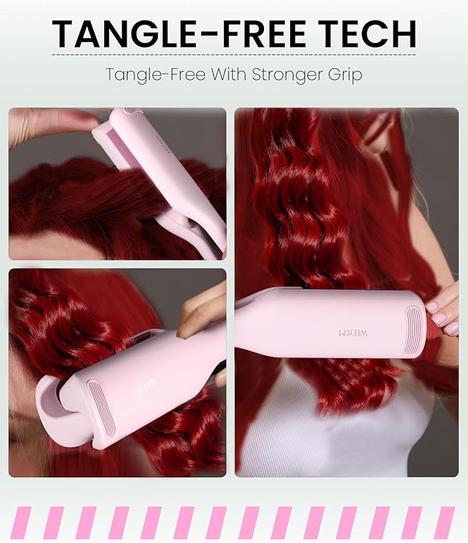 1 1/4 Inch Hair Waver Crimper,Cimper Hair Tool Hair Crimper for Women Beach Wave,Deep Wave Curling Iron with 2 Ceramic Barrel,Pink