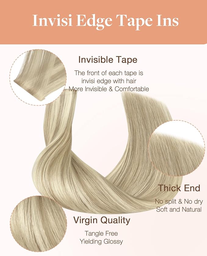 GOO GOO Invisi Edge Tape in Hair Extensions Human Hair, 17A/60A Ash Blonde Highlighted Platinum Blonde, 20pcs 16inch 50g, Virgin Remy Hair, Seamless Injected Tape, Natural Look
