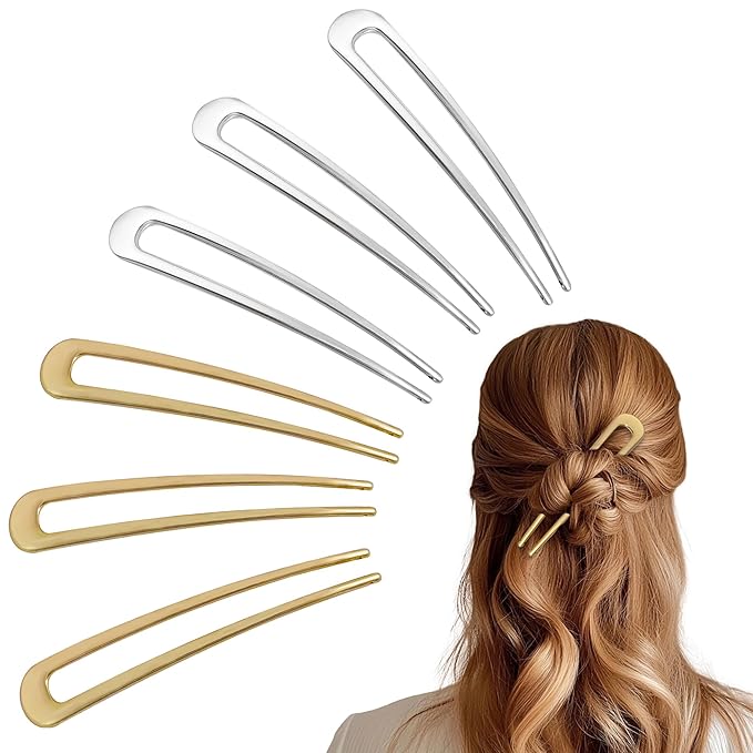 6Pcs Metal French Hair Pins for Women U Shape Sticks 3.9 Inch Vintage Fork for Hairstyle Accessories(Gold/Silver)