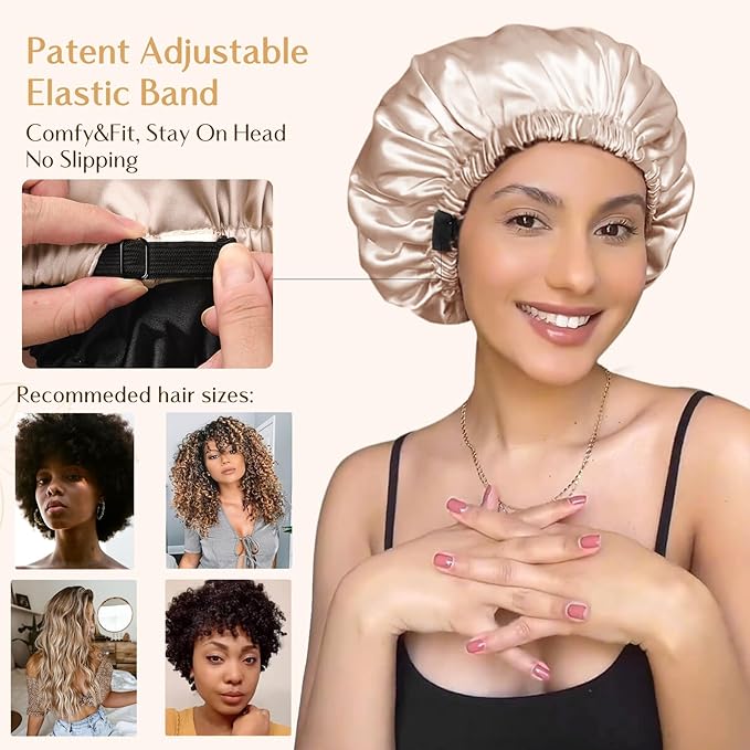 YANIBEST Adjustable Satin Bonnet Double Layer Hair Bonnet for Sleeping Bonnets for Women Hats Curly Natural Hair, Champagne