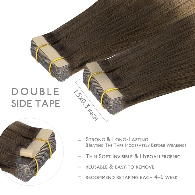 WENNALIFE Tape in Hair Extensions Human Hair, 20pcs 22 inch 50g Ombre Walnut Brown to Ash Brown and Bleach Blonde Remy Tape Hair Extensions Real Human Hair Tape Extensions Coloured Hair Extensions